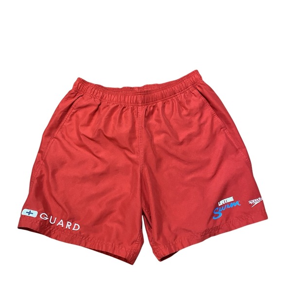 Red Speedo Swim Shorts  'Guard' Swimsuit Lifeguard Pockets Lined Small - Picture 1 of 4